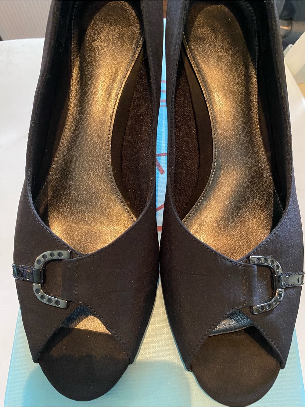 Life Stride Jaqueline Black Peep Toe Wedges with Decorative Buckle